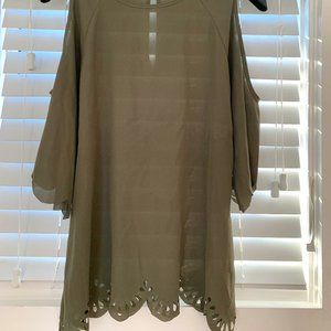 Olive green cold shoulder top with scallop design